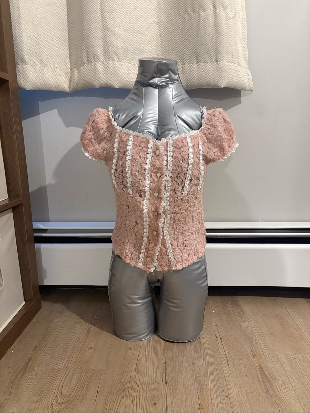 Textured Puff-Sleeve Pink Button-Front Blouse